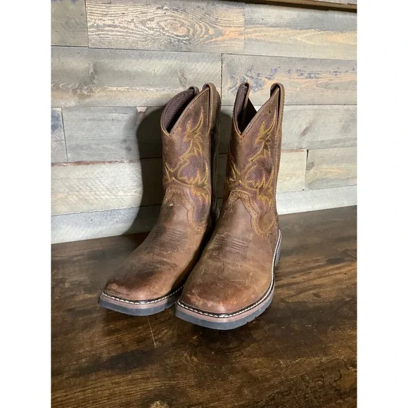 Justin Kids Stampede Brown Leather Square Toe Western Cowboy Boots Size 4D