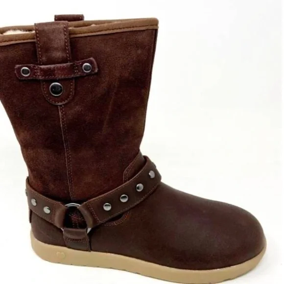 Ugg moto short chocolate brown kids girls winter suede fur boots 1013863 size 4Y