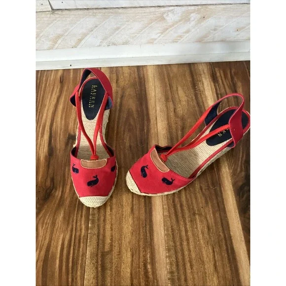 Women's Ralph Lauren Cala Wedge Sandal Espadrilles Size 8 Red, Navy Whales