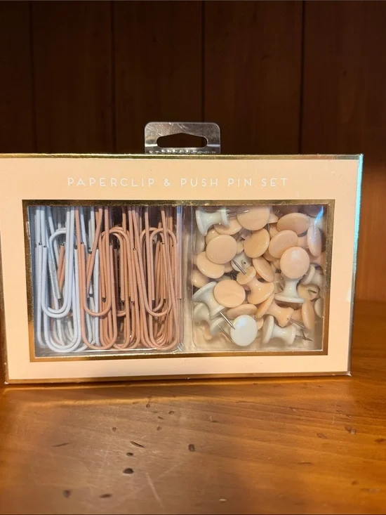 Large Neutral Paperclip & Push Pin Set — pinkish Beige and White.