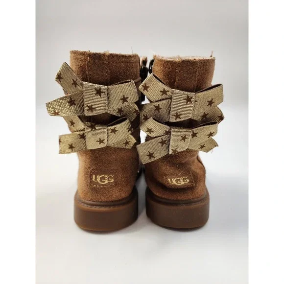 UGG Kids Suede Boots Chestnut Brown Double Gold Star Bows Side Zip Boots