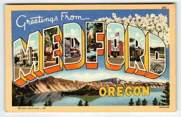 Greetings From Medford Oregon 1940's Large Letter City Postcard Linen Curt Teich