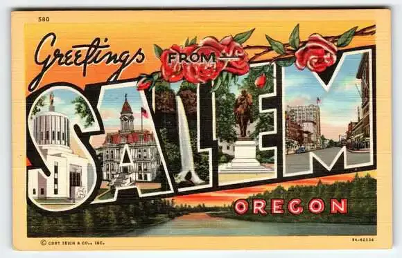 Greetings From Salem Oregon 1940's Roses Large Letter Postcard Linen Curt Teich