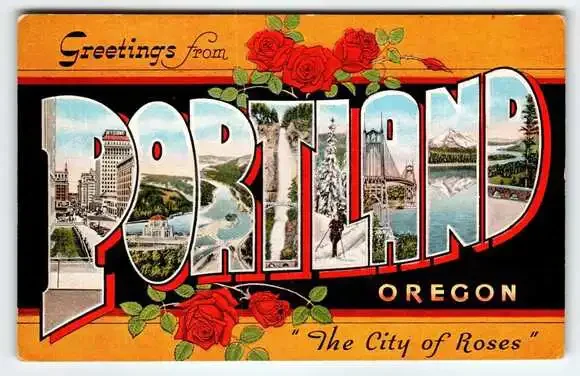 Greetings From Portland Oregon 1940's City Of Roses Large Letter Postcard Linen