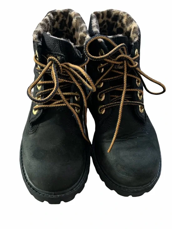 Timberland Kids Black Boots with Brown Laces and Leopard Collar Size 9