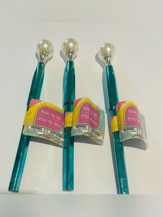 New 3 Pearl Gel Pens Green Bottoms Pearl on Top Blue Ink Pen