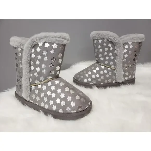 NEW Sz 4 Girls Flower Silver Gray Metallic Flower‎ Faux-Fur Slipper Winter Boot
