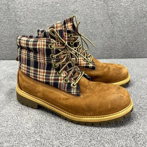Timberland Boots Boys 6 Brown Plaid Leather Shoes Hiking‎ Outdoors Youth 43942M