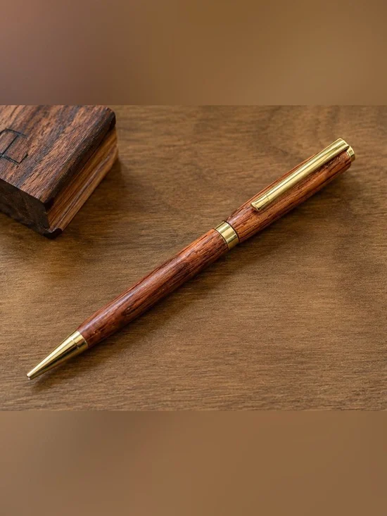 Hand Turned Premium Brown Wooden Ballpoint Pen with Gold Toned Trim