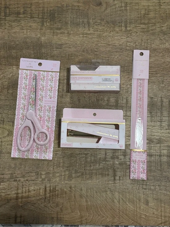LoveShackFancy Pink Floral Desk Set - Scissors, Stapler, Tape Dispenser, Ruler