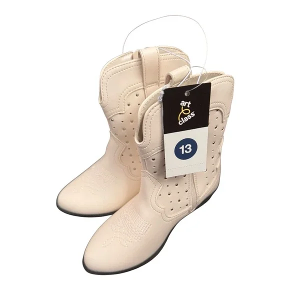 Art Class Girls Jovi Western Cowboy Boots Off White Studded Side Zip Size 13 NEW