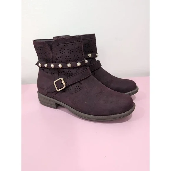 New Skechers Girls Mad Dash Gems Ankle Boots In Purple Faux Pearls Buckles Sz. 3