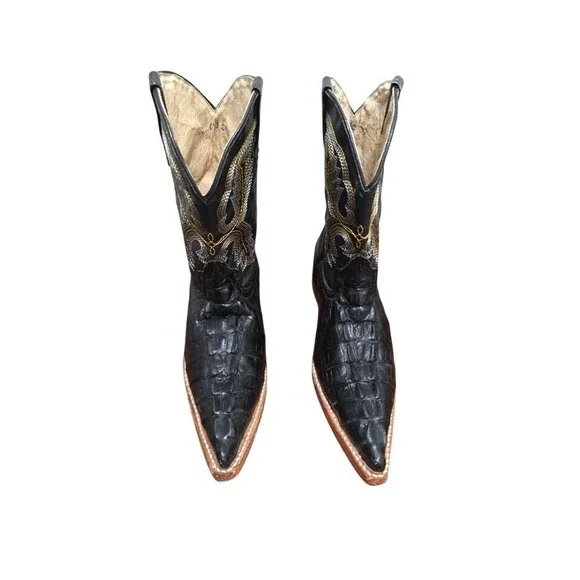 Veretta Kids 21/ US1 Black Crocodile Leather Western Cowboy Boots Embroidered Po