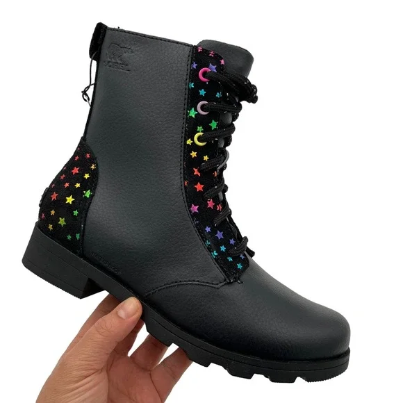 Sorel‎ Emelie Youth Girls Leather Fashion Combat Boot 5 Black-Multi Waterproof