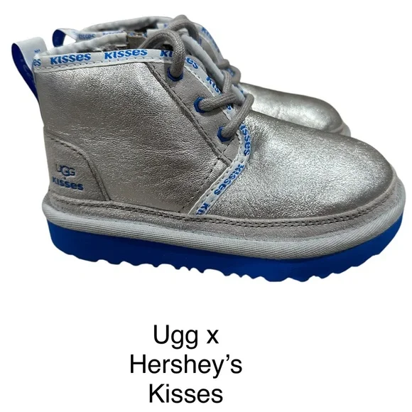 RARE UGG X HERSHEY KISSES NEUMEL II Silver Metallic Boots, Child Size 10. NEW!