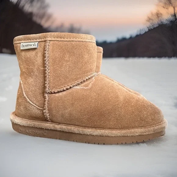 BearPaw Girl's Saddle Brown Cow‎ Suede Mid Boots Sz 2 Shoes Winter Trendy Sherpa