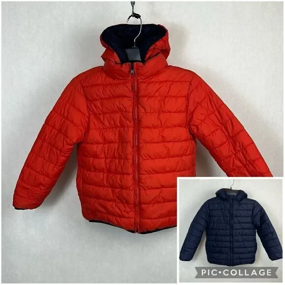 Gymboree Reversible Puffer Jacket Coat Red Blue Sz Medium 7-8 Hood Zip Front