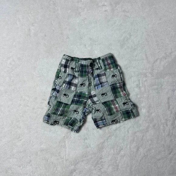 Gymboree Boys Tractor Green Blue Plaid Shorts Sz 18-24 M Farming Country Farmer‎