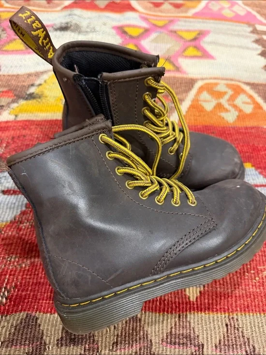Dr. Martens Kids Brown Leather Boots with Yellow Laces