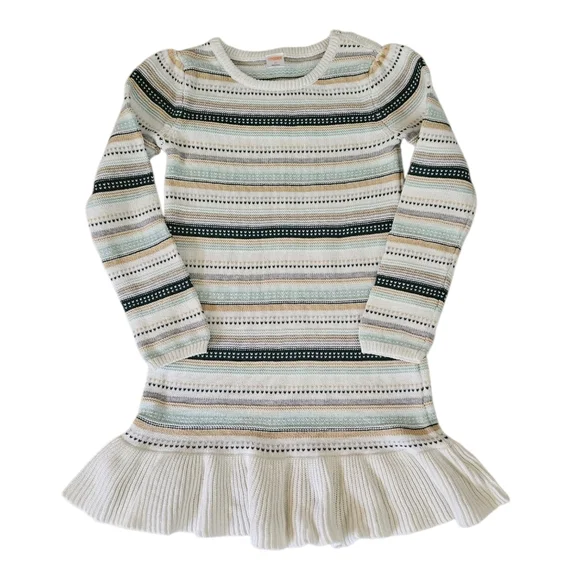 Gymboree Sweater Dress Girls Size 10 Green Off White Stripes Long Sleeve