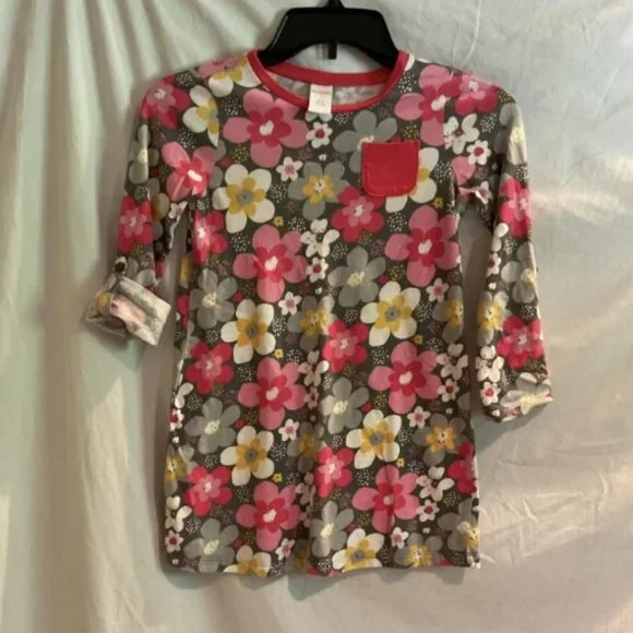 Gymboree Girls 7 Pink Gray Floral Convertible Sleeve Shirt Dress Casual