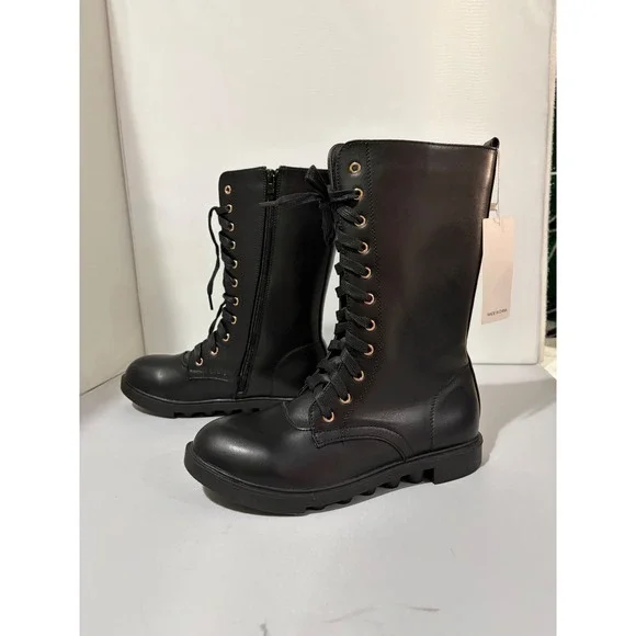 Dadawen Kids Black Lace Up Mid Calf Combat Boots‎ Side Zip Lug Sole Size 39/245