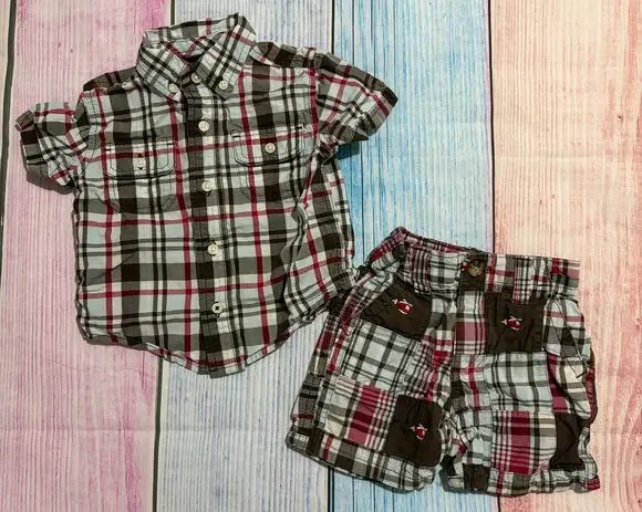 Gymboree Rescue Team patchwork plaid helicopter 2-piece set, size 6–12 months