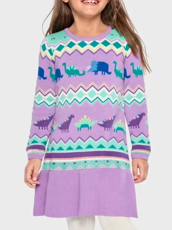 Gymboree Intarsia Fairisle Peplum Sweater Dress - Dino‎ Friends - Purple 5T
