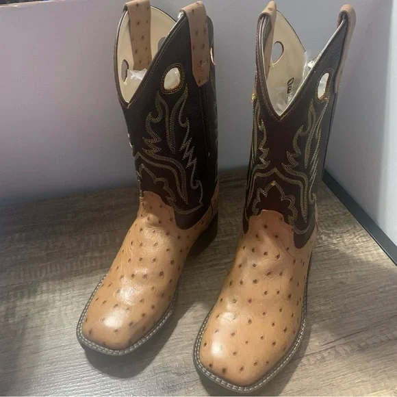 Old West Kids Faux Ostrich Square Toe Western Boots