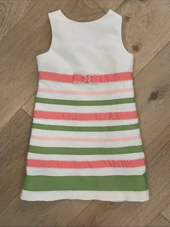 Gymboree White Dress with Pink and Green Ribbon Stripes Size  5