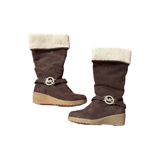 Michael Kors Beatrice 2 Kids Brown Faux Shearling Wedge Tall Boots Size 1