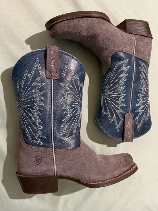 Ariat Gray Suede & Navy Embroidered Cowboy Square Toe Boots