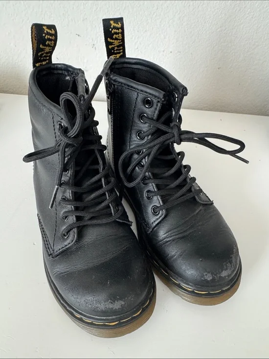 Dr. Martens Black Leather Lace-Up Ankle Boots with Yellow Pull Tabs