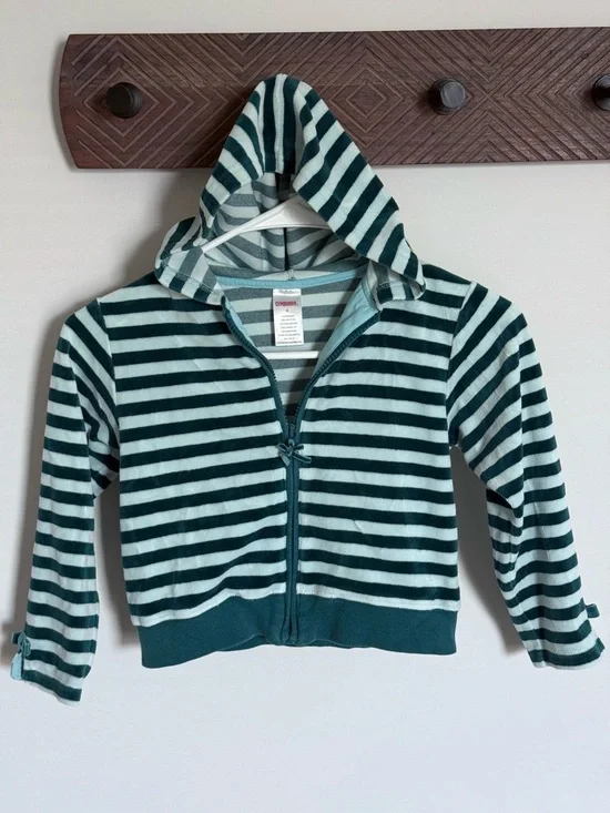 Gymboree Green Teal Striped Velvet Bow Full Zip Hoodie Hooded Sweatshirt Girls 6
