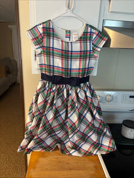 Gymboree White Plaid Holiday Dress with Navy Bow
