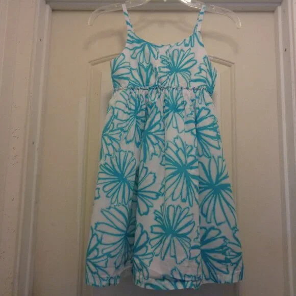 GIRLS GYMBOREE COTTON AQUA & WHITE FLORALS SHEERED SUNDRESS 10