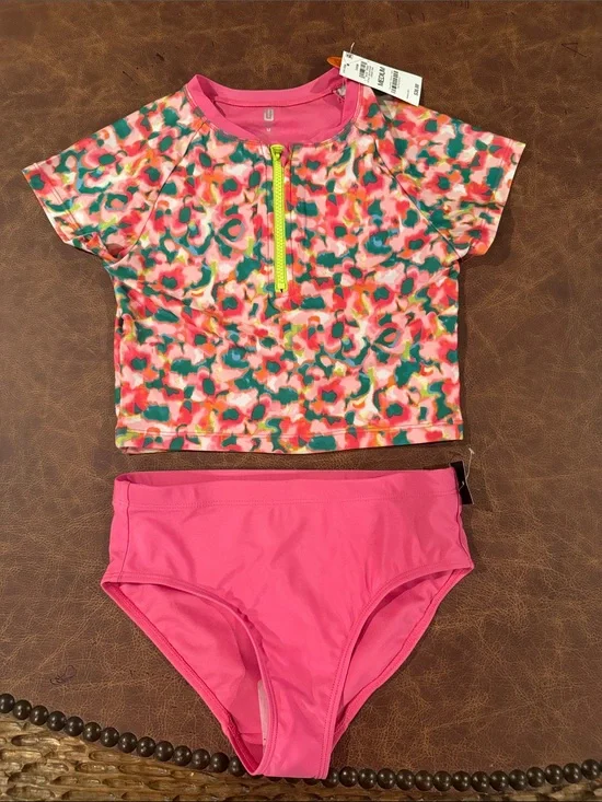 Gymboree Pink Multi Floral Zip Rash Guard Bikini Set