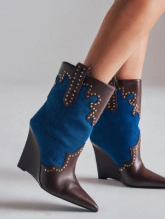 AKIRA AZALEA WANG TALLULAH DENIM WEDGE WESTERN BOOTIE Size 8.58.5