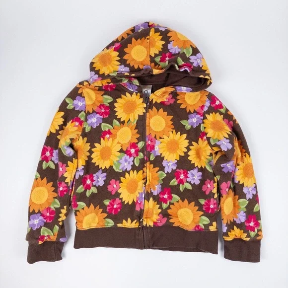 Gymboree Floral Hoodie‎ Kids 5-6 Brown Sunflower Print Zip Front Sweatshirt