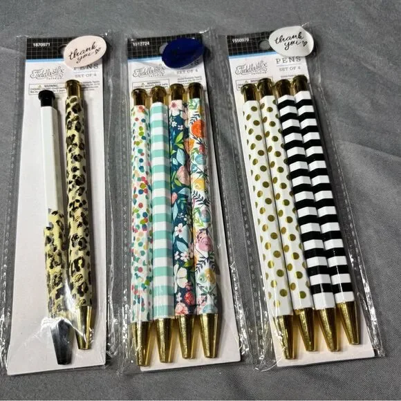 New 10 pc Decorative Ballpoint Pens Set - Assorted Patterns (Gold Accent)