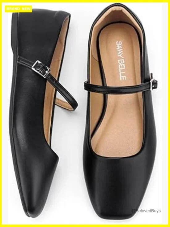 Womens Mary Jane Flats Square Toe Adjustable Buckle Ballet Flats