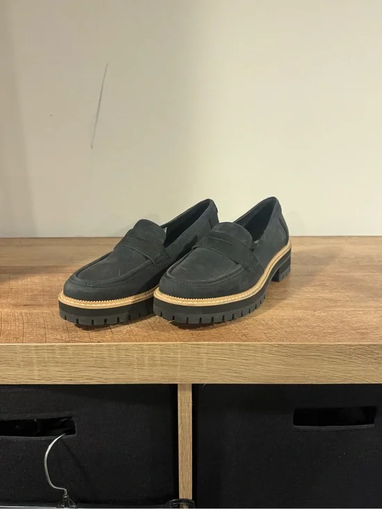 Toms Black Suede Lug Sole Penny Loafers