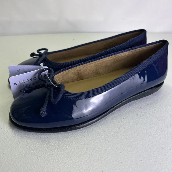 Aerosoles Homebet Women's Ballet Flats Navy Patent Blue Slip On Bow Size 8M NWB