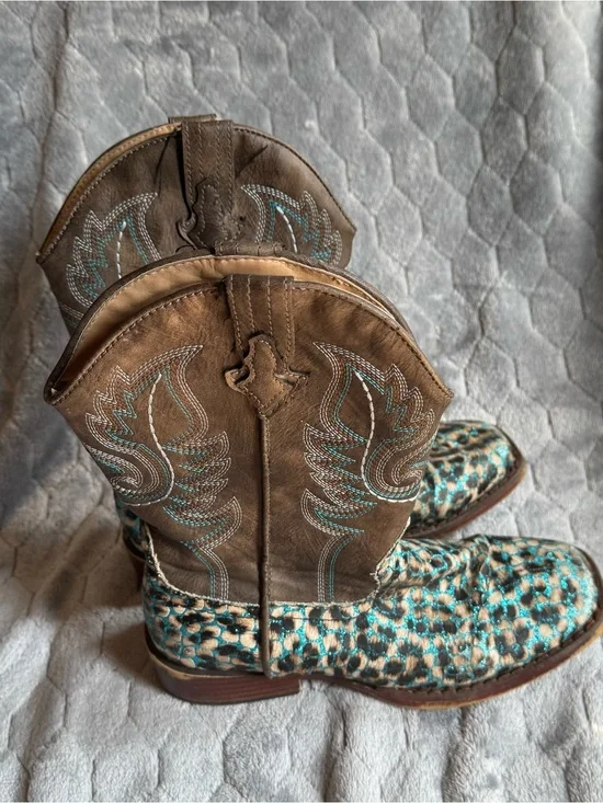 Roper Brown Turquoise Leopard Print Kids Western Boots