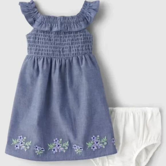 Gymboree Baby Girls 12-18 Months Embroidered Floral Chambray Flutter Dress NWT