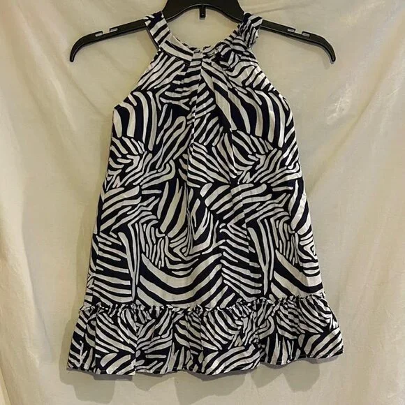 Gymboree Girls 7 Navy Blue White Wild Print Halter Ruffle Sleeveless Dress