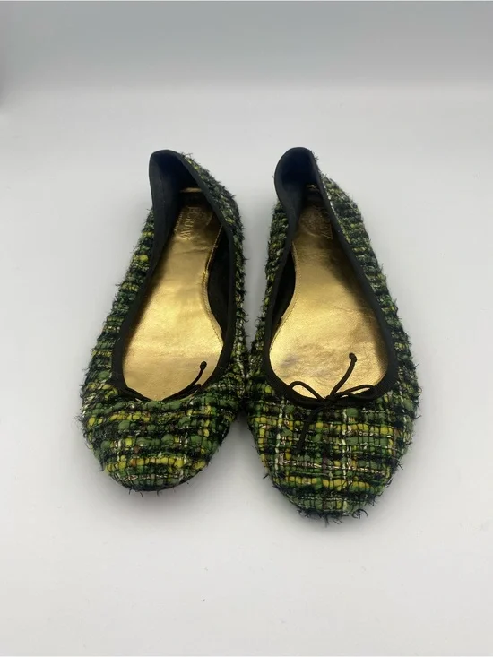 J. Crew Green Tweed Ballet Flats with Gold Insole