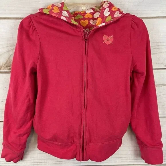 Girls Reversible Gymboree Jacket with Hood Solid & Heart Raspberry Pink 5-6