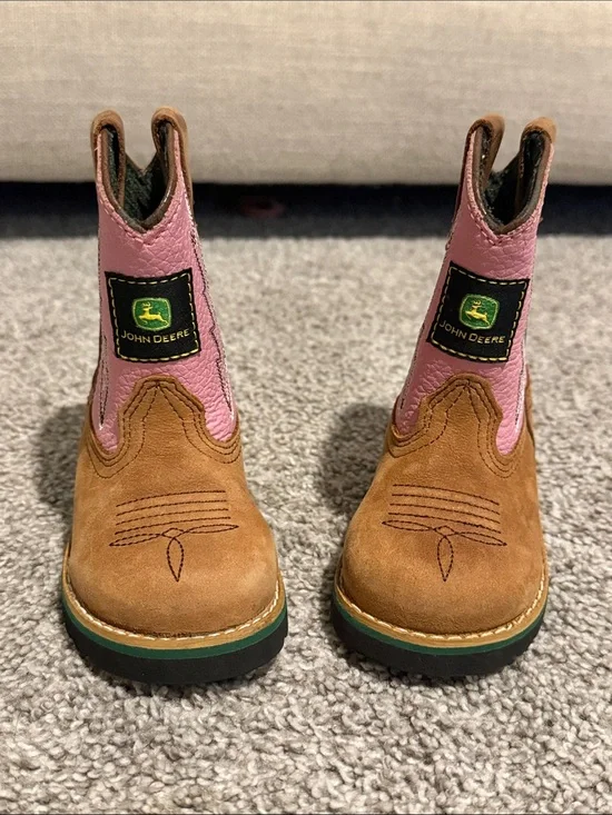 John Deere Pink & Brown Kids' Cowboy Pull-On Boots with Green Trim