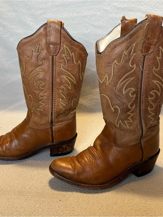 Old West Kids 11.5-D Tan Leather Cowboy Boots with Embroidered Shaft CF8229